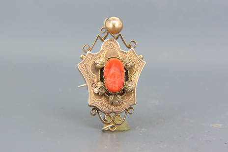 Victorian Cameo & 14K Gold Brooch,: carved coral with portrait of a female, rose color gold frame, non-gold cross pin, 3.4 grams, dangling ball, 1 1/2" long.