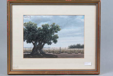 Florencio Molina Campos, tempera, Landscape: with trees and fence, well listed Argentina artist, 1891-1959, image area 7" X 10" plus mat and frame.....Florencio Molina Campos (August 21, 1891 - November 16, 1959) was an Argentine illustrator and