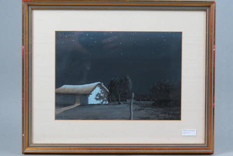 Florencio Molina Campos, tempera, Night Scene,: stars above a farmhouse, well listed Argentina artist, 1891-1959, image area 7" X 10" plus mat and frame......Florencio Molina Campos (August 21, 1891 - November 16, 1959) was an Argentine illustrator