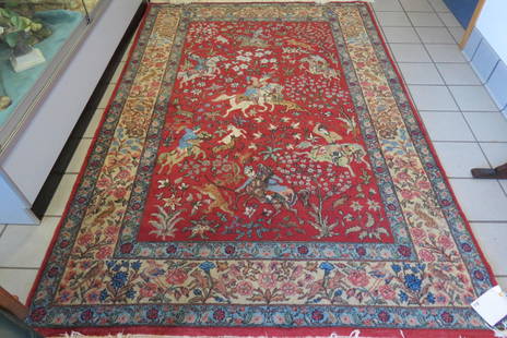 Tabriz Scenic Persian Handmade Rug,: with hunters, deer, lion, cheetah and more with flowers throughout, red field, 4'10" X 7'3".