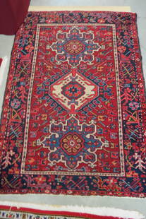 Hamadan Persian Handmade Rug,: a trio of stylized medallions with floral designs around, red field, 3'4" X 4'8".