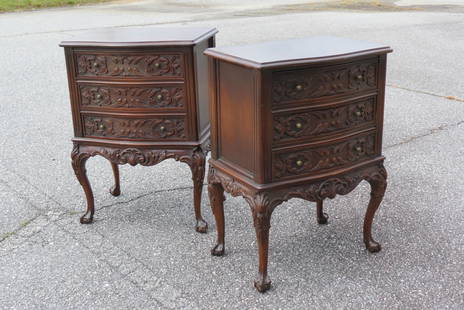 Pair of Carved Mahogany Bedside Cabinets,: rococo design fronts, 3 drawers, 29" tall, 21" wide.