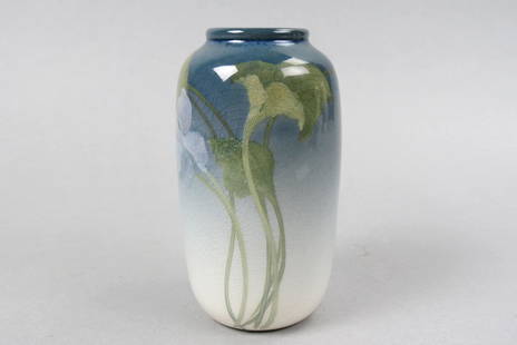 Rookwood Pottery Vase by Fred Rothenbusch, 1904,: Iris decor, high glaze, shape #924, 5 1/2", just typical crazing otherwise excellent.....Frederick Rothenbusch was born in Cincinnati Ohio, and he attended the Cincinnati Art Academy. He decorated pot