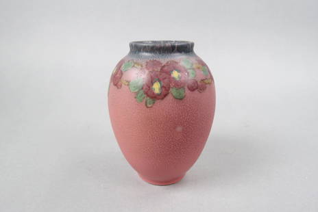 Rookwood Pottery Vase by Vera Tischler, 1925,: floral garland on burgundy wax matte type glaze, shape #2191, X8577, 5" tall, excellent....Vera Tischler was born on January 22, 1900 in Cincinnati, Ohio. She attended the Cincinnati Art Academy