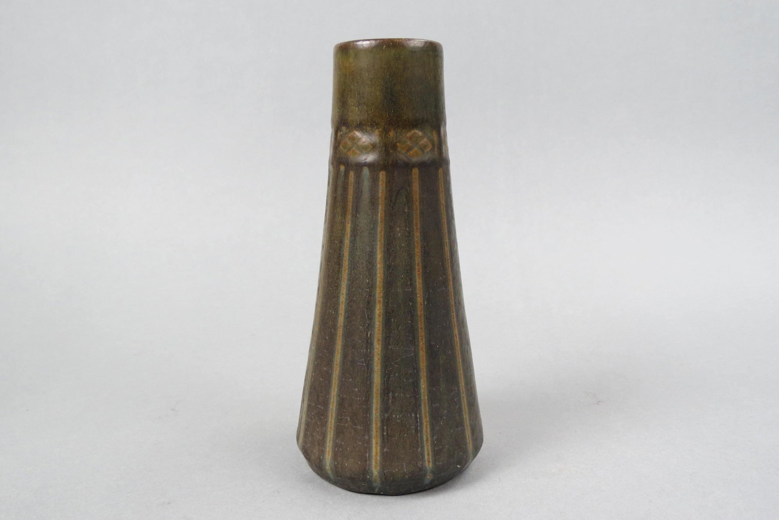 Rookwood Pottery Vase, 1906, Arts & Crafts,: ribbed panel and floral decor, browns, shape #1169, 7 1/2", excellent.