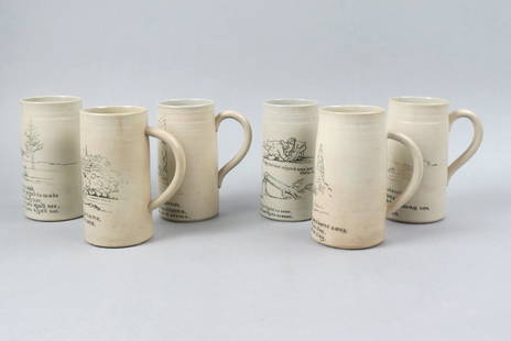 6 Rare 1886 Rookwood Pottery Tankards Isaac Abbott by Edward P. Cranch,: sayings and comical drawings done by artist Edward P. Cranch, 6" tall.....Drinking Narrative Tankards, 1886. Edward Cranch was an attorney in Cincinnati who was involved with Rookwood since it was