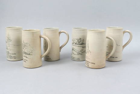 6 Rare 1886 Rookwood Pottery Tankards Isaac Abbott by Edward P. Cranch,: sayings and comical drawings done by artist Edward P. Cranch, 6" tall.....Drinking Narrative Tankards, 1886. Edward Cranch was an attorney in Cincinnati who was involved with Rookwood since it was fou