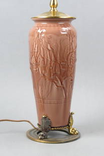 Rookwood Pottery Lamp,: fancy floral, soft brown glaze, original fittings by Crest, 13" body, excellent.