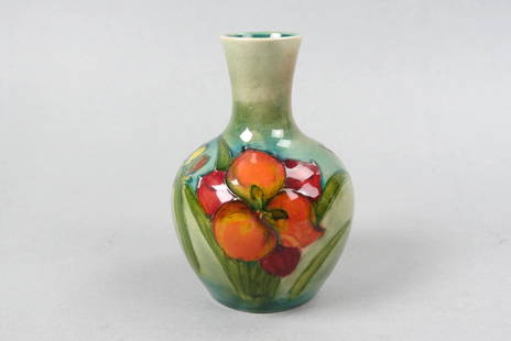 Moorcroft Pottery Vase,: various flowers on green field, 5", excellent.