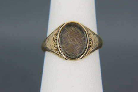 Georgian 14K Gold & Hair Memorial Ring,: woven brown hair in oval setting, engraved sides, 2.6 grams, circa 1820, currently size 7.........VICTORIAN HAIR JEWELRYWhether fashioned by a home crafter or professionally by a hair weaver or a