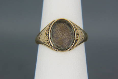 Georgian 14K Gold & Hair Memorial Ring,: woven brown hair in oval setting, engraved sides, 2.6 grams, circa 1820, currently size 7.........VICTORIAN HAIR JEWELRYWhether fashioned by a home crafter or professionally by a hair weaver or a jewe