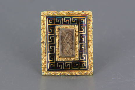 1837 Gold Hair Memorial Brooch, Important Family,: woven hair under glass and black enamel in Greek key design, marked on back Mary Rhinelander, died February 13, 1837, sister of Colonel Robart, chief of staff under General George Washington during th