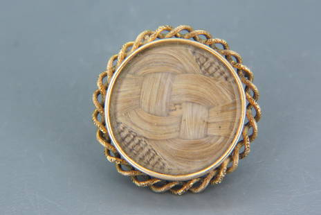 Victorian 14K Gold & Hair Memorial Brooch w/ Photo: of young Man, finely woven hair in circular brooch having openwork rope rim, all tset 14K gold ( except bar pin and clasp for strength), 13 grams, 1 1/4" diameter.......VICTORIAN HAIR