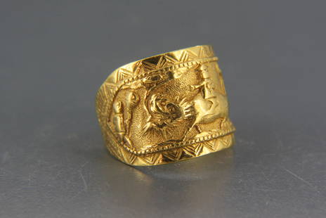 Men's Asian Gold Cigar Band Style Ring,: with figures upon foo dog or creature, test 18K to 22K yellow gold, with rose gold sizing at bottom, 6.2 grams, currently size 9 1/2.