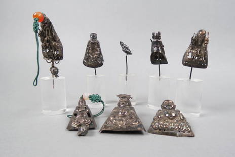 Collection of Chinese Silver Figural Hat Ornaments: of various figures, most are 2 1/2", with 5 lucite stands.