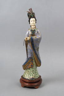 Chinese Cloisonne Figurine of Guanyin,: carved face and hands, 12 1/2" plus silver wire inlaid wood base, (14" overall), excellent.