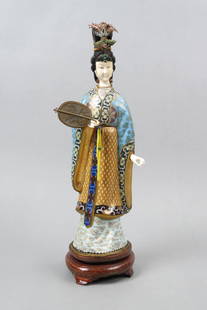 Chinese Cloisonne Figurine of Guanyin,: holding a fan, carved face and hands, 13" plus silver wire inlaid wood stand (14 1/2" overall), excellent.