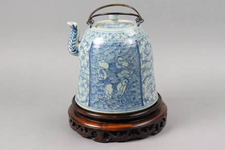 Chinese Blue & White Porcelain Large Tea Kettle,: figures and foliage panel decor, bronze handles, 9" tall plus carved wooden stand, excellent.