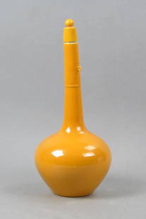 Chinese Porcelain Yellow Monochrome Bottle, signed: with signature in blue double rings, with stopper, 16" tall, excellent.