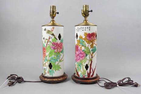 Pair of Chinese Porcelain Lamps,: Republic period (?), bird and floral with calligraphy, open designs in cylindrical shape 11" body, originally wig stands.