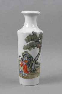 Chinese Porcelain Republic Period Vase,: finely detailed scenes with figures, garlic top mouth, 14 1/2", drilled for a lamp.