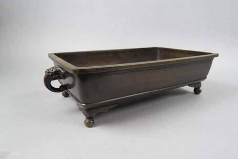 Japanese Bronze Bonsai Planter, Silver Wire Inlay,: Meiji period, foo dog handles, footed, 9 1/2" X 15 1/2" plus handles, 4 1/2" tall.