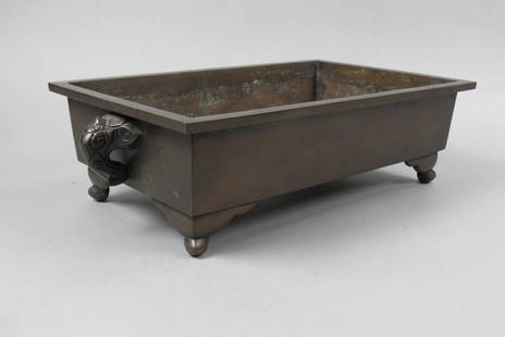 Japanese Bronze Bonsai Planter, Meiji period,: foo dog handles, footed, 9 1/2" X 15" plus handles, 4 1/2" tall.