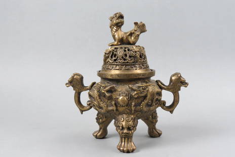 Chinese Bronze Censer,: foo dog top with openwork, creature handles and footed, 10 1/2" tall.