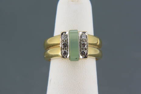 Jade & Diamond 18K Gold Ring, Italian,: arch design jade with a trio of round diamonds on each side, 18K yellow gold, 11.5 grams, currently approx. size 5 with inner balls.