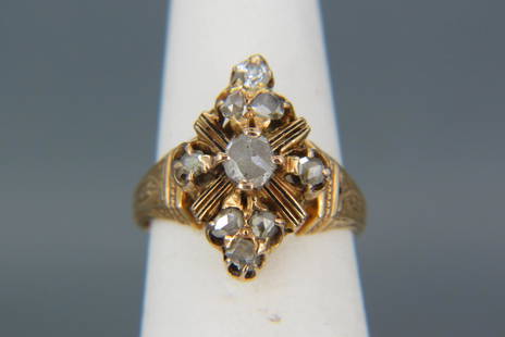 Antique Rose Cut Diamond 14K Gold Ring,: 9 diamonds totaling approx. .65 carat in 14K yellow gold, one stone a later replacement, 5 grams, currently size 6.