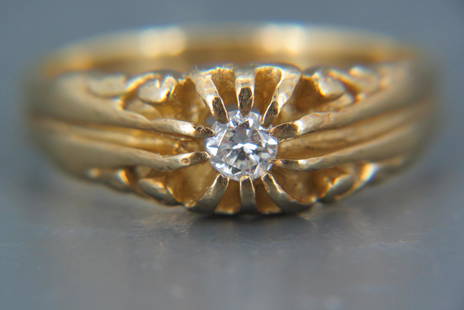 Men's Antique Diamond 14K Gold Ring,: round diamond measuring .20 carat in 14K gold Belcher style setting, 5.6 grams, currently size 9.