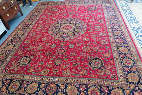 Mahal Persian Handmade Room Size Rug,: central floral medallion with trailing vine throughout, red field, fancy multi-border, 9' X 12'.