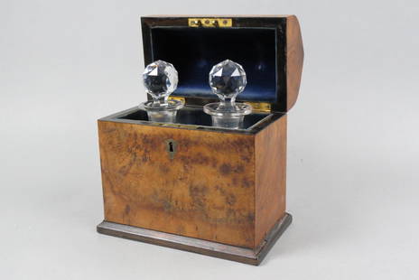 19th Century Tantalus Box with Decanters,: pair of cut glass squared decanters, cathedral style top, box is 8 1/2" X 5", 9" tall, decanter and stopper chip, with its key.