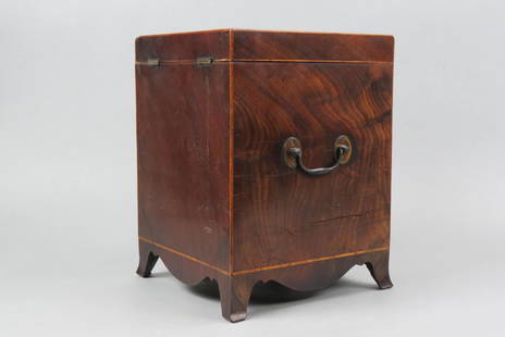 Georgian Mahogany Liquor Box with 4 Decanters,: early hand blown decanters with gold decoration within handled and footed box measuring 9 1/2" X 9 1/2", 12" tall, circa 1820.