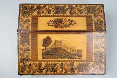 Fine Tunbridgeware Inlaid Travel Writing Desk,: with inkwells, pen, compartments and flip open writing surface with stationary below, scene of Tunbridge castle with flowering vine band all around, 10" X 12", 3 1/2" tall (when closed), with key.