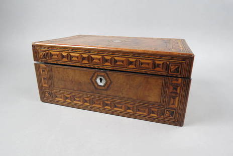 Fine Inlaid Writing Box,: with compartments, rectangular and square optic design with mother-of-pearl trim, 9" X 14", 6" tall (when closed), circa 1890, with key.