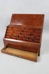 19th Century Burl Wood Letter Box,: inner compartments, hinged top, lower drawer, 16 1/2" X 6 1/2", 10 1/2" tall, excelent.