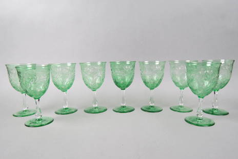 9 Webb Corbett Emerald to Clear Goblets,: finely cut florals, 6 1/2", signed, excellent.