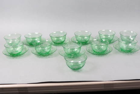 12 Webb Corbett Emerald to Clear Cut Glass Bowls,: with 9 under dishes, finely cut floral, 4 3/4" diameter bowls and 6 1/2" dishes, signed, excellent.