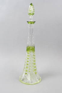 Green Cut-to-Clear Glass 18" Tall Decanter,: brilliant period, trumpet form, diamond point, ray and cane designs.