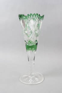 Green Cut-to-Clear Glass 16" Vase,: brilliant period, diamond point, star and ray designs.