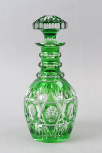 Green Cut-to-Clear Glass Decanter,: thumbprint and ray design with ring neck, 10" excellent.