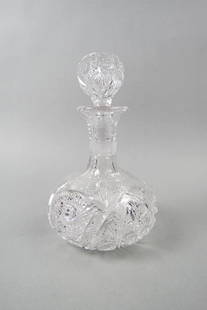 Cut Glass Decanter,: blown out style feathered star and starbursts, diamond point band on neck, 10", brilliant period.