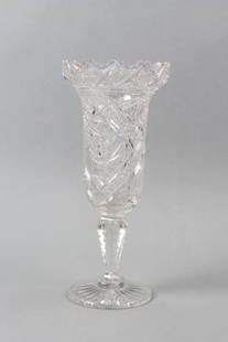 Cut Glass Vase, unusual form,: pinwheel with fancy cross-hatching, diamonds and cane, pedestal base, flared top, 12 1/4", brilliant period.