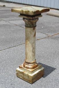 Large Onyx Pedestal with Bronze & Carved Trim,: classic column design, 43" tall, 15"X 15" top, late 19th century, one damage stop under shelf. NOTE: should be picked up, approx. 200 pounds.