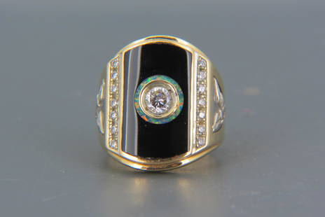 Men's 14K Gold, Opal, Black Onyx & CZ Ring,: eagles on sides, fiery opal surrounds the center stone set in black onyx, 9.1 grams, currently size 9.