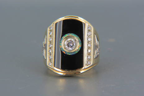 Men's 14K Gold, Opal, Black Onyx & CZ Ring,: eagles on sides, fiery opal surrounds the center stone set in black onyx, 9.1 grams, currently size 9.