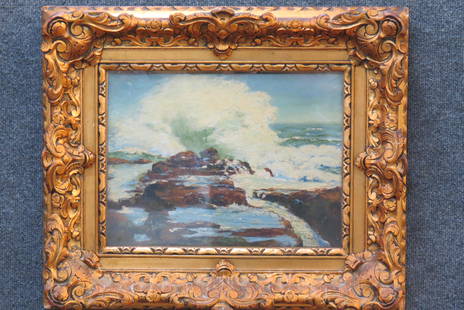 George Picknell, oil, Rocky Coastline,: well listed New England artist, 1864-1943, image area 12"X 16" plus carved gold frame............George W. Picknell was born in North Springfield, Vermont on June 26, 1864. A landscape specialist