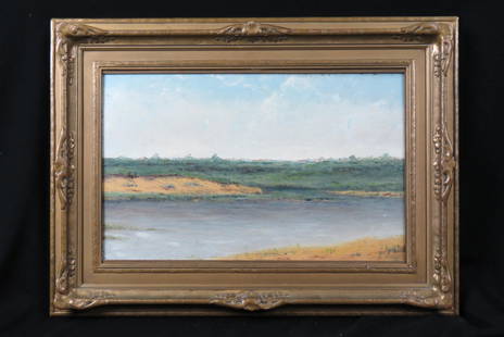 Harrington Fitzgerald, oil, landscape with river: in foreground, houses in distance, on panel, image area 12 " X 20 plus gold frame, well listed Philadelphia artist, born 1847, this oil once in the collection of the Columbia Museum, Columbia