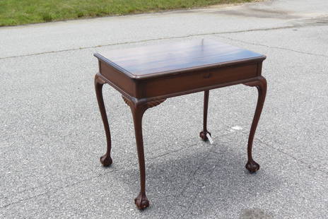 Mahogany Writing Desk,: single drawer, bird's eye maple interior, 24" X 34" top, 30 1/2" tall, ball and claw feet.